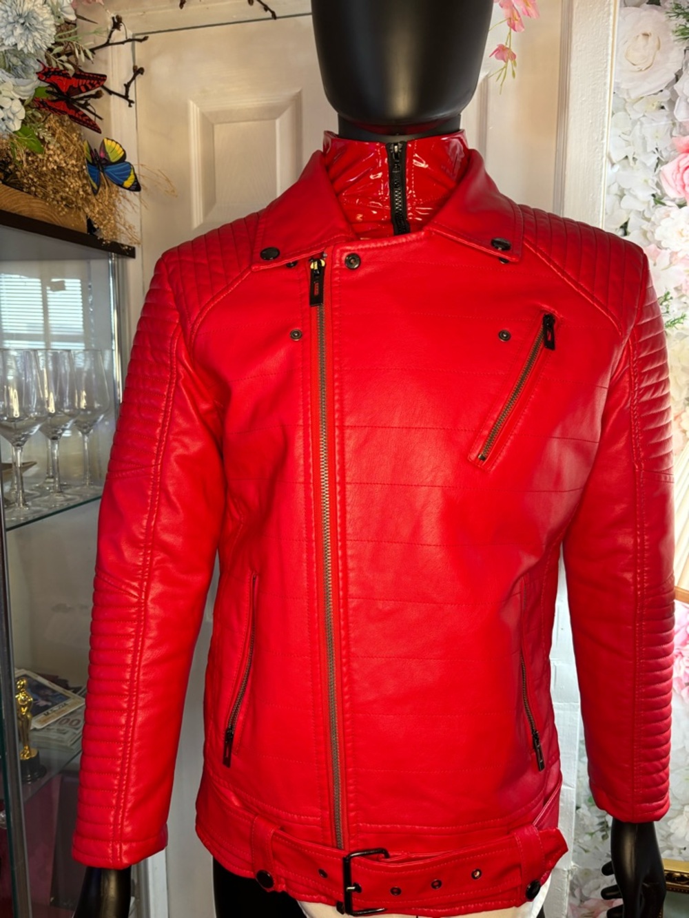 Men's Red Quilted Bomber Jacket with Asymmetric Zip